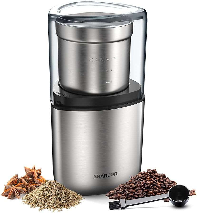 SHARDOR Electric Coffee & Herb Grinder – Wet & Dry Grinder for Spices, Seeds, and Coffee Beans, with 2 Removable Stainless Steel Bowls, Silver