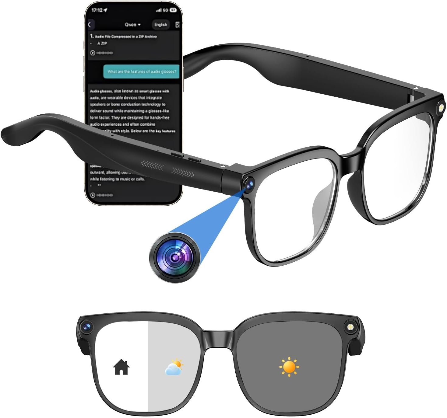 AI Smart Glasses with 8MP HD Camera – Anti-Shake, 1080P Video Recording, Dual Mic, Real-Time Translation, Built-in ChatGPT Voice Assistant, Open-Ear Audio Sunglasses for Travel & Meetings