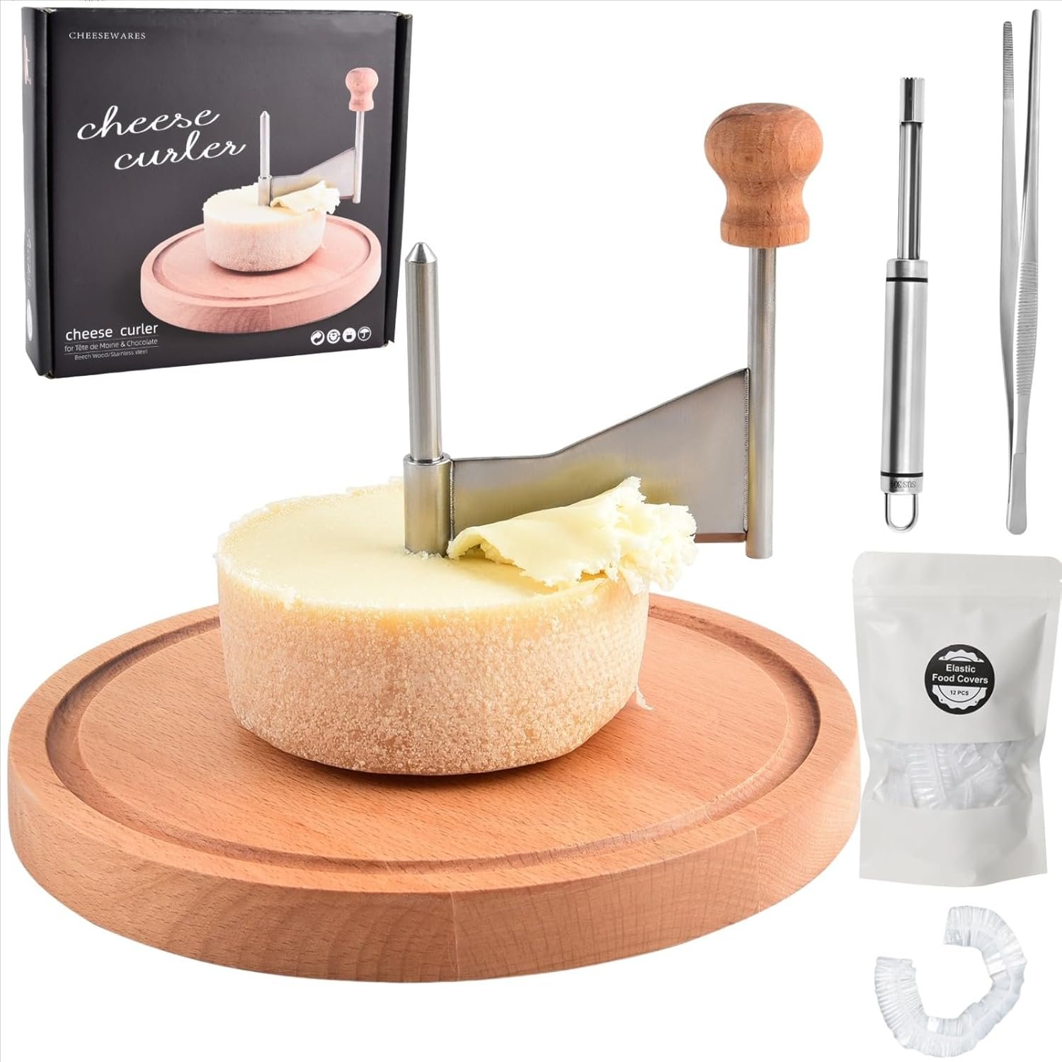 Girolle Cheese Curler – Beech Wood & Stainless Steel, Manual Handheld Cheese & Chocolate Shaver for Tête de Moine, Chocolate Shavings and Curls
