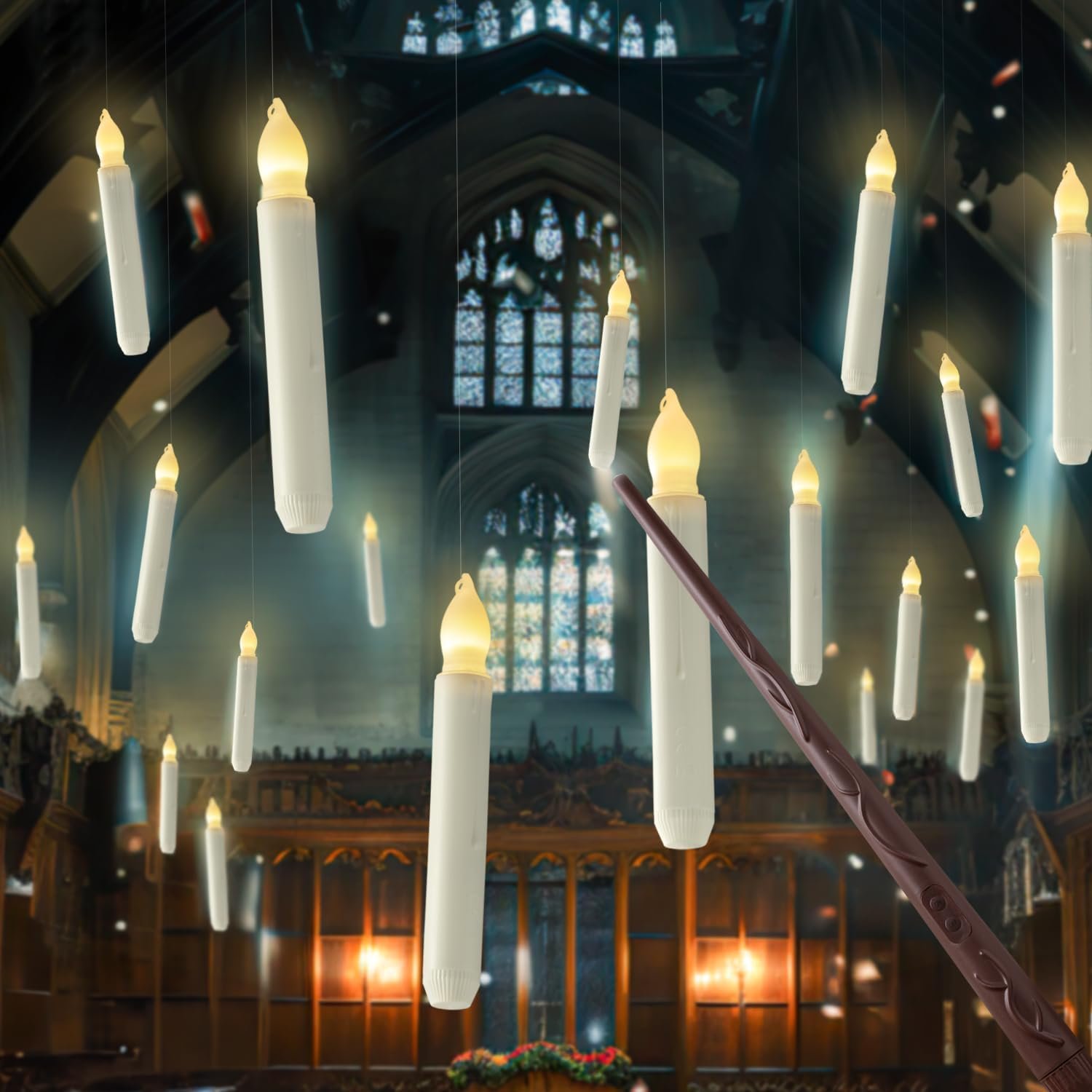 Homemory Hanging Floating Candles – 12-Piece Flameless LED Taper Candles with Wand Remote, Warm White Battery-Operated Window Candles for Halloween & Christmas Parties