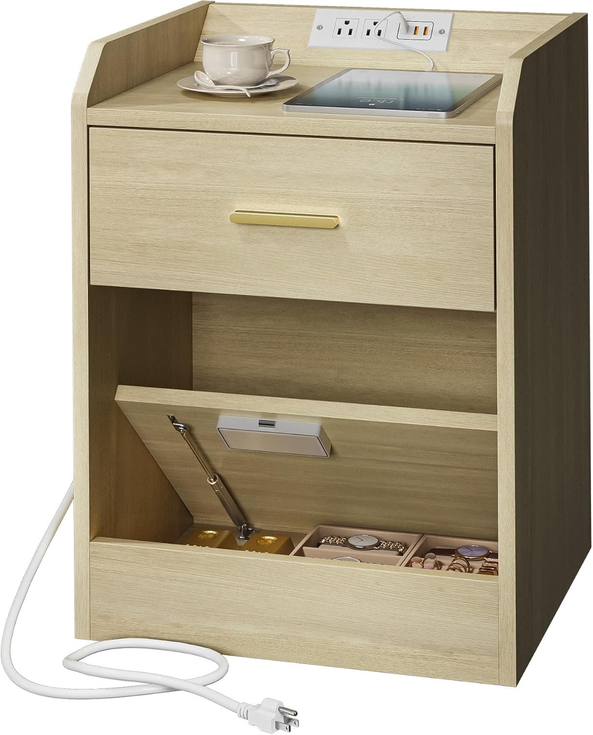 Modern Nightstand with Hidden Drawer & Charging Station, Bedside Table with AC Outlets, USB-A & USB-C Ports