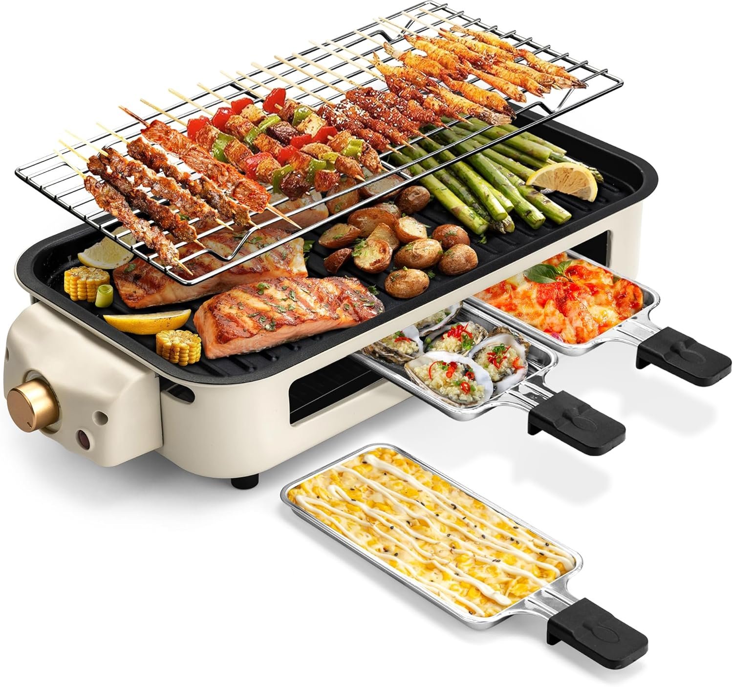 2-in-1 Electric Indoor Grill with Removable Non-Stick Plate & Grill Net, Temperature Control, 1700W Smokeless BBQ